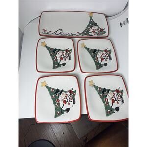 Fitz & Floyd 2007 Cheers Christmas LIghts Snowman Snack Canape Plates 4 & Tray